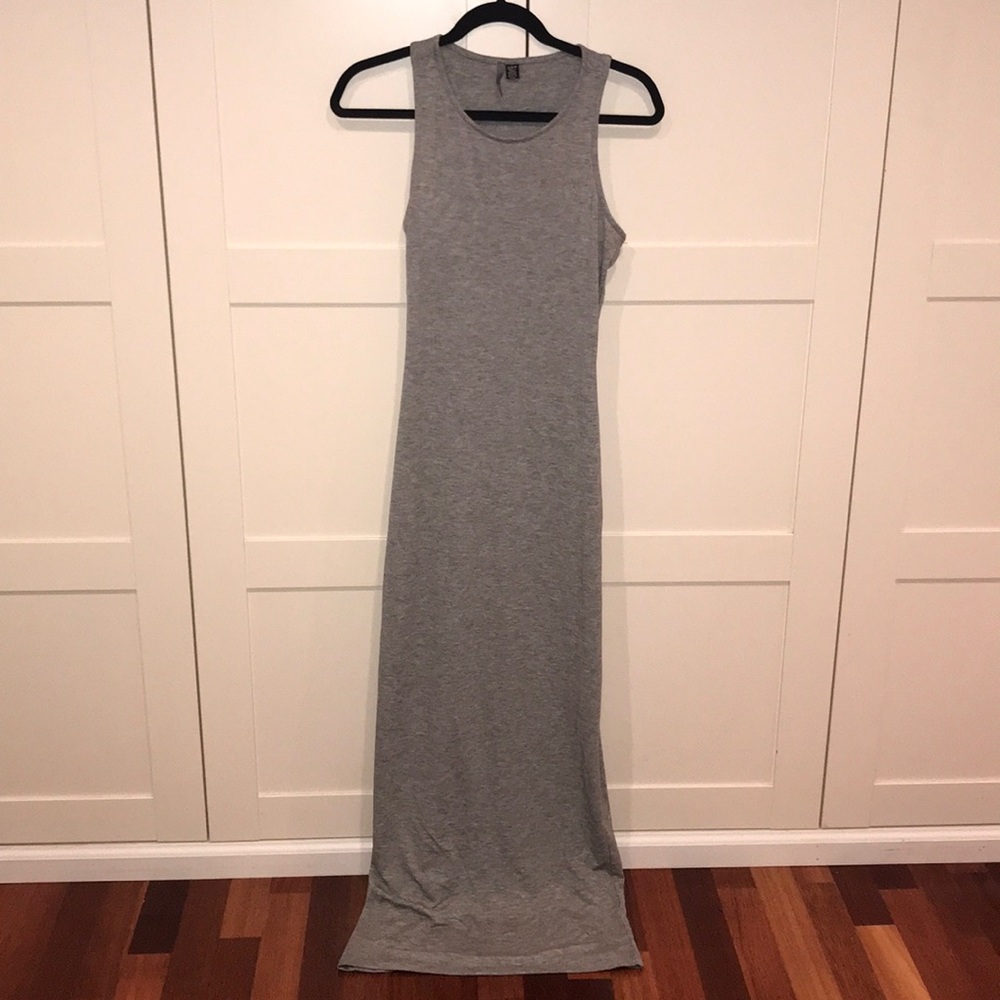 Gray form fitting maxi dress